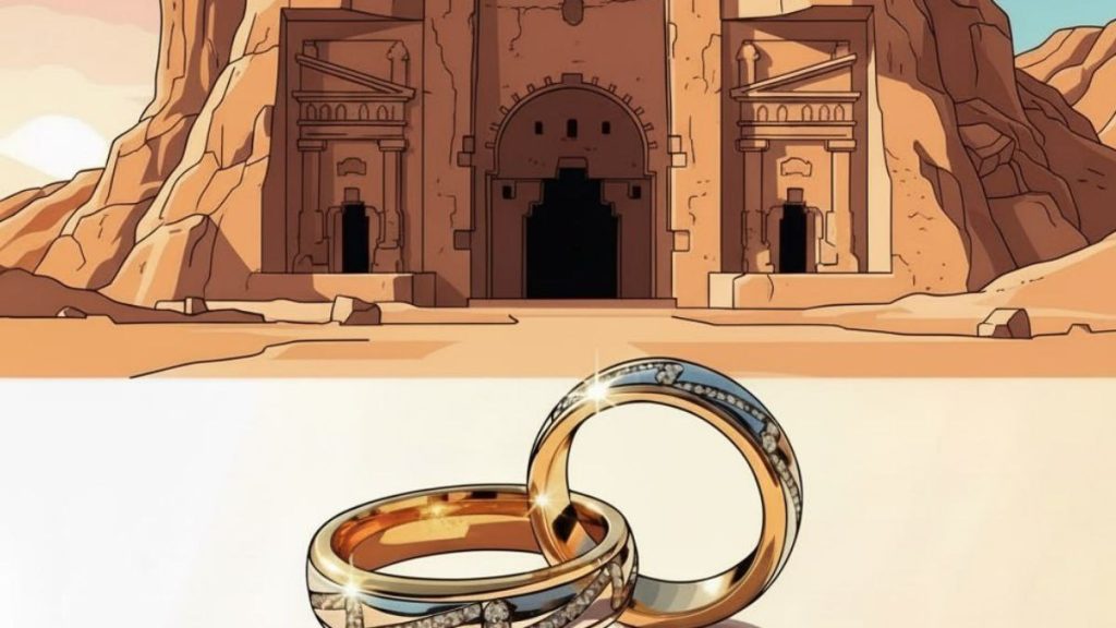 تصویرسازی از طاق بستان کرمانشاه به همراه دو حلقه ازدواج در پیش‌زمینه، نمادی از خدمات همسریابی و ازدواج قانونی مرکز پیوند دل‌ها.