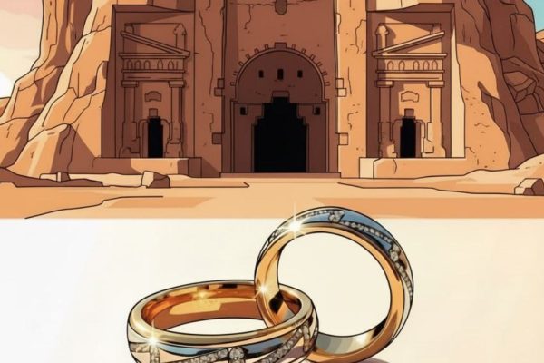 تصویرسازی از طاق بستان کرمانشاه به همراه دو حلقه ازدواج در پیش‌زمینه، نمادی از خدمات همسریابی و ازدواج قانونی مرکز پیوند دل‌ها.